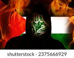 Small photo of Incognito terrorist on the Flag Palestine fire background. Hamas between Israel and Palestine. Israel Palestine war. World crisis in Middle East. Rebellion. Rebel militant terrorist guerrilla concept.