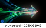 3d render, abstract neon arrow pointing right direction. Telecommunication technology concept. Glowing colorful lines and bokeh lights