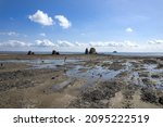 Small photo of High angle and summer view of tourists on mud flat at low tide against Maebawi Rock at Jebudo Island near Hwaseong-si, South Korea