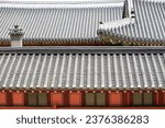 High angle view of window and tile roof of tiled house of Hwaseong Temporary Palace at Suwon Hwaseong Fortress near Suwon-si, South Korea
