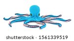 Small photo of Cute crochet octopus doll isolated on white background with shadow reflection. Playful knitted blue sea devil sitting on white underlay. Plush stuffed puppet octopod toy.