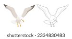 Seagull landing. Outline picture for coloring. Bird in flight isolated on a white background.  Soaring seabird silhouette. Vector simple icons.