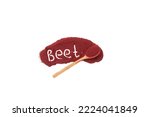 Beetroot powder in wooden spoon. Inscription Beet. Food additive E162, Dry beetroot powder used in culinary. Natural pigment beet red. Herbal therapy, detox, antioxidant.