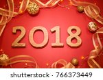 new year 2018 decoration on red ... | Shutterstock . vector #766373449