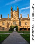 Small photo of Sydney, NSW/Australia - 05 13 2020: Historic Buildings. University of Sydney Quadrangle Clocktower, Philosophy Common Room.