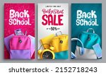 Back to school vector poster set design. Back to school text with sale educational items of bags and notebook elements for educational study promo ads collection. Vector illustration.
