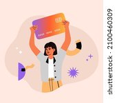 girl holds a big credit card.... | Shutterstock .eps vector #2100460309