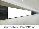 Small photo of OOH Extrreme Horizontal blank advertising billboard poster template mock up in a long tunnel walkway; out-of-home media display space mockup in pedestrian linkway; digital display