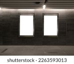 Small photo of 2 blank vertical advertising banners posters mockup in underground tunnel walkway; out-of-home OOH media display space, lightbox; 6 sheet template.