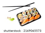 Small photo of Assorted sushi set in box tray with black bamboo chopsticks isolated on white background. Takeout packaging for supermarket or sushi bar.