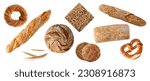 Small photo of Fresh baked bread with various sorts isolated on white background. Rye wheat loaf of bread, turkish bagel, french baguette, german pretzel, scandinavian sandwich, italian ciabatta, whole grain pastry.
