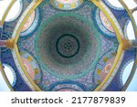 Architecture mosaic decoration of the Dome of the Rock or Qubbat as-Sakhrah in Arabic, on Temple Mount. Ceiling with Islamic art, patterns, tile, ornaments. Holy place for Muslims. Jerusalem, Israel.