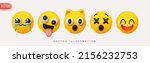 Set Icon Smile Emoji. Realistic Yellow Glossy 3d Emotions face, crying tears, surprised cat, laughing, dizzy. crazy smile. Pack 11. Vector illustration
