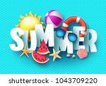 summer 3d text vector banner... | Shutterstock .eps vector #1043709220