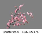 Fake peach blossom branch  to decorate for celebrating Lunar New Year. It's also called Tet holidays in Vietnam, isolated on gray background