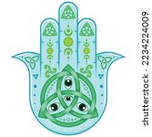 Hamsa symbol vector design with celtic style triquette and triskelion, hand of fatima symbol, illustration of Jamsa with god