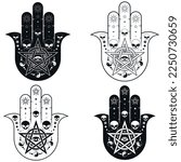 Hamsa symbol vector design with pentagram and skulls, hand of fatima symbol, illustration of Jamsa with god