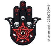 Hamsa symbol vector design with pentagram and skulls, hand of fatima symbol, illustration of Jamsa with god