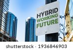 Small photo of Hybrid Working Future Worn Sign in Downtown city setting