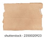 Small photo of A piece of textured packaging cardboard. Piece of torn cardboard with copy space. Brown wrapping vintage paper, isolated top view. Kraft paper isolated on white background
