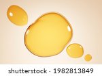 Gold stains of oil, serum droplets or honey on beige background. Bubbles collagen essence, mockup liquid yellow drops of cosmetic or food oil, 3d illustration top view on clear yellow puddles of water