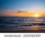Panorama front viewpoint landscape travel summer sea wind wave cool on holiday calm coastal big sun set sky light orange golden Nature tropical Beautiful evening hour day At Bang san Beach Thailand.