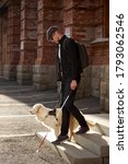 Small photo of eyeless guy with guide-dog walking, crossing city ctreets. man always with friendly dog, smart animal
