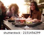 Happy family having barbeque dinner party in home garden - Friends eating appetizers and drinking red wine in outdoor restaurant table - Winery, dining lifestyle and beverage concept