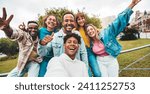Small photo of Multiracial friends taking selfie with smart mobile phone outside - Happy young people smiling at camera on city street - Youth community concept with guys and girls hanging out on summer day