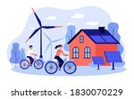 People riding bikes by windmills and solar power station. Flat vector illustration for eco friendly technology, transport, renewable energy, sustainable development concept