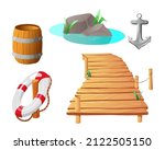 Wooden pier, anchor, flotation ring cartoon illustration set. Boardwalk or wharf for fishing, tools for sailors, stone in lake and wood barrel. Sea, canoe, summer beach concept
