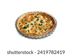 Traditional french pie with red fish, cheese and broccoli isolated on white background. Close-up