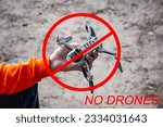 Ban drones. Quadcopter aerial photography is prohibited. No-fly zone for drones. A man holds a drone in his hand. New technologies in photo and video filming. Prohibition sign.