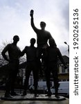 Small photo of EAST HAM, LONDON - 19TH FEBRUARY 2021: 1966 World Cup Sculpture of The Champions near West Ham United's old stadium in Upton Park. Featuring Bobby Moore, Geoff Hurst, Martin Peters and Ray Wilson