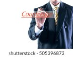 Small photo of Businessman hand writing Countersign on transparent wipe board.