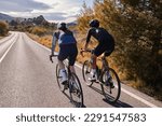 Small photo of Two professional cyclist racers. Close up back view of cycling group training on a road bicycles at sunset in the mountains.Training for competition.Practicing cycling on open country road.Spain