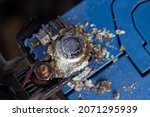 Small photo of Close up battery terminals corrode dirty damaged problem, Old battery corrosion deteriorate leaking with blue acid powder. Service work by professional technicians concept.