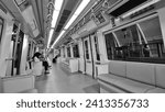 Small photo of Jakarta, Indonesia on December 7, 2023. Interior of an Indonesian state-owned LRT Light Rail Transit train operating in DKI Jakarta. The Jakarta LRT has a 5.8 km long track serving six station.