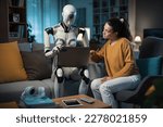 A futuristic image of a young woman and her cybernetic android learning on a couch in a smart home.