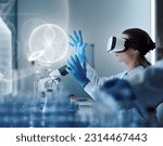 Scientist wearing a VR headset and interacting with virtual reality in the science lab
