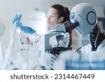 Small photo of Female scientist and AI robot working together in the science lab