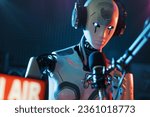 Humanoid AI robot working at the radio station studio, artificial intelligence and entertainment concept