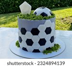 Small photo of football player boy gets cake with a soccer ball. cylinder shape on top sprinkled with green grit. dyed with spinach. Striped habitat blueberry coloring. candle sparkler, black, white, circle, lawn