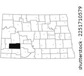 Black highlighted location map of the stark County inside white administrative map of the Federal State of North Dakota, USA, North Dakota map with County seat highlighted by Dot or black circle