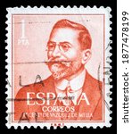 Small photo of TURIN, ITALY - DECEMBER 17, 2020: A stamp printed in SPAIN showing portrait of Juan Vazquez de Mella, famous people series, circa 1961