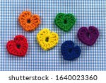 Six Crocheted Hearts. Rainbow...
