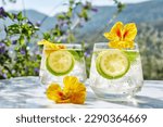 Iced lemonade with edible nasturtium flowers, lime and mint leaves. Refreshing summer drink. Healthy organic summer soda drink. Detox water. Diet unalcolic coctail.