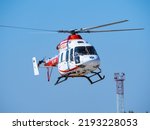 Small photo of Kazan, Russia 2022.08.19. Ansat ambulance helicopter taking off. Helicopter ambulance in the sky.