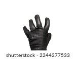 grabbing hand with leather glove isolated on white background, burglar creepy hand open fist stealing. Black leather glove isolated