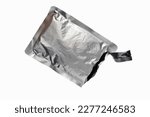 Small photo of Open silver sachet, ripped disposable blank sachet packaging